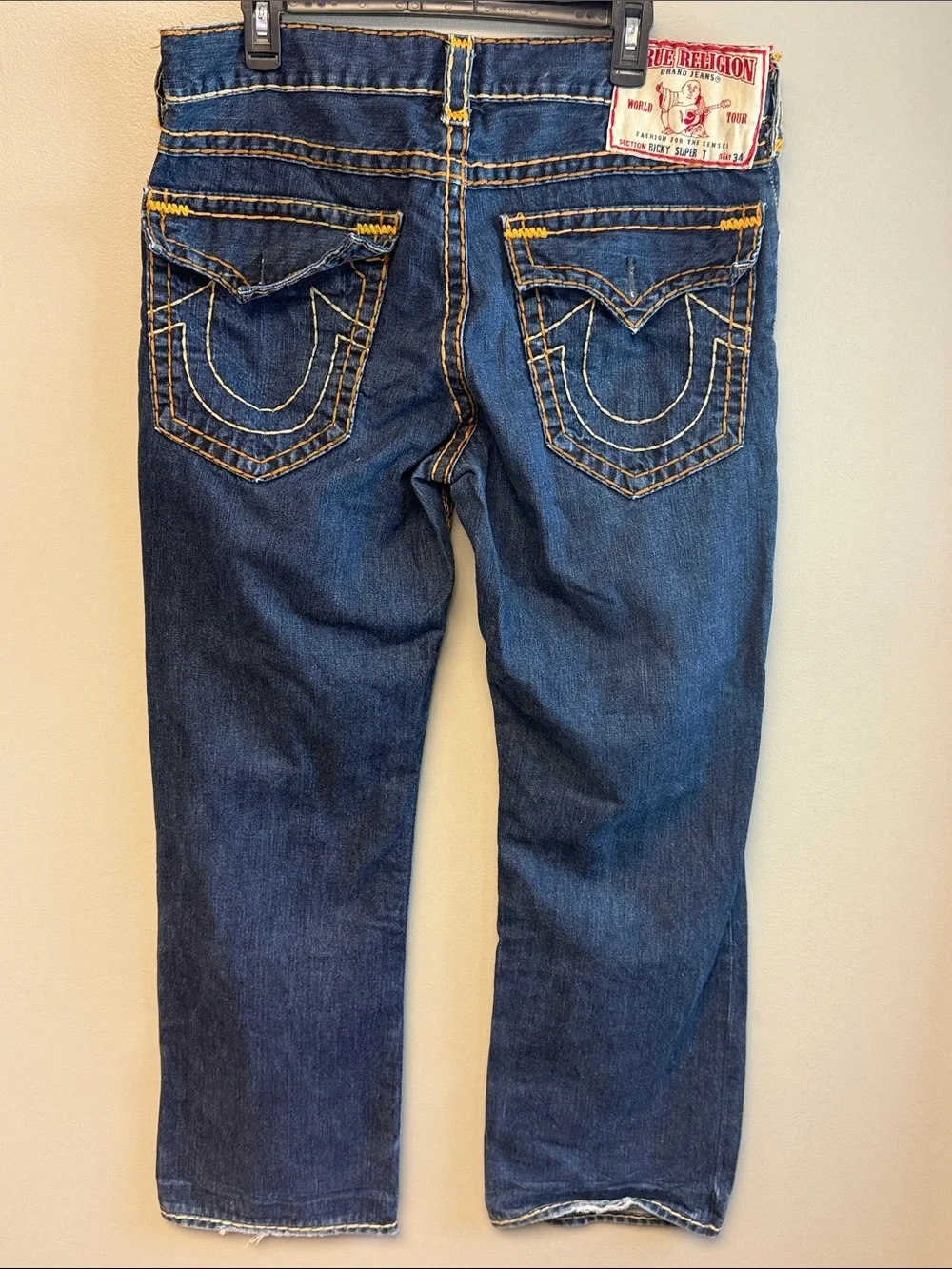 True Religion Ricky Super T Blue Jeans 40x30 Straight Leg Distressed Denim